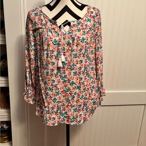 Zac & Rachel Cream Floral Tassel Tie-Neck Blouse with Multicolor Print